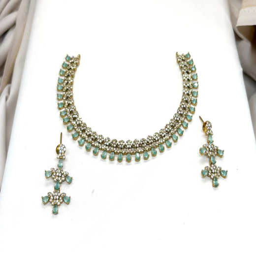 Victorian Short Necklace Designed With Mint-Green Stone's