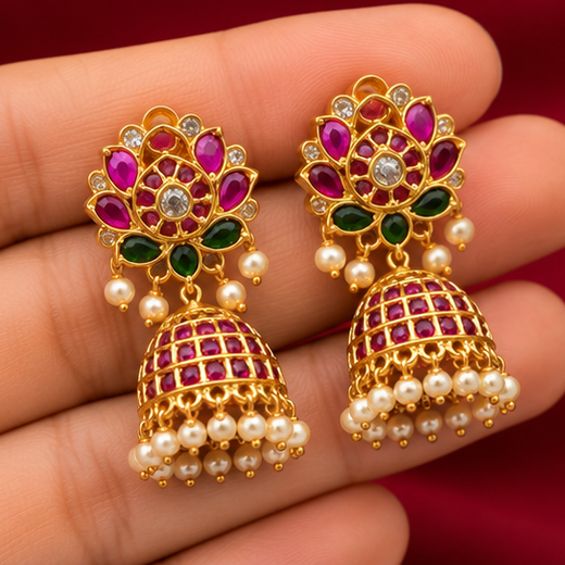 Matte Finishing Floral Design With White Pearls Jhumkas Earring - Image 3