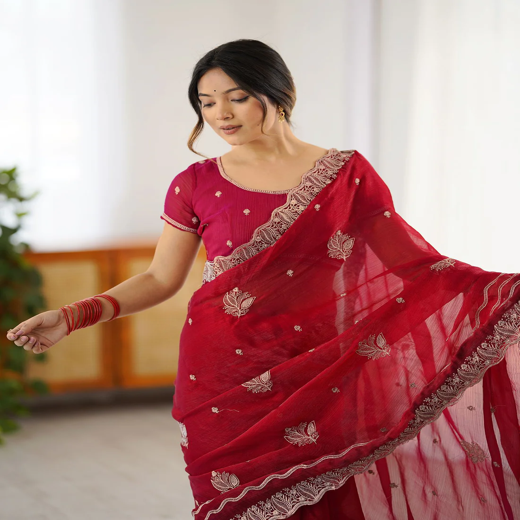 Mouni Roy Crimson Rose Zari Embroidery Saree - Image 3