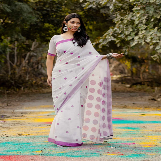 White Linen Printed Saree