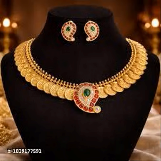 Premium Gold Plated Coin Necklace Set with Mango Stone Design Earrings - Image 4