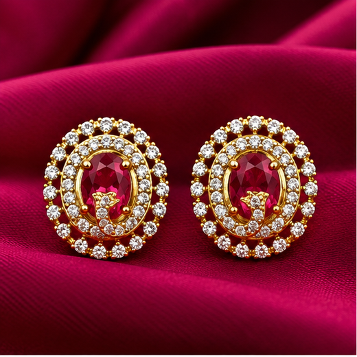 Victorian Finish American Diamonds With Red stone Stud Earring