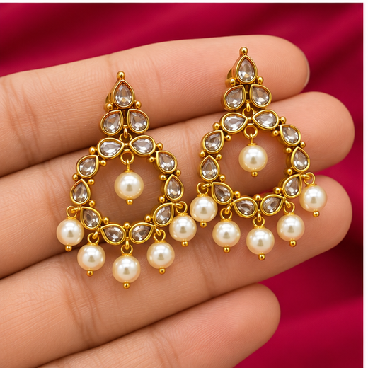 Matte Finishing Ad Stone Pearls Chandbali Earrings. - Image 3