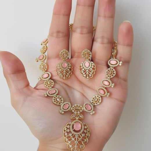 Matte finishing Baby-Pink Leaf Designed with stones Short Necklace - Image 3