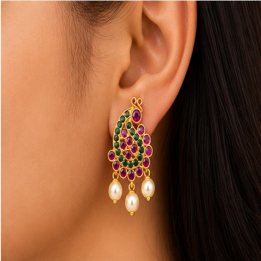 Kempu-Stone's With Peacock Designed Earring - Image 4