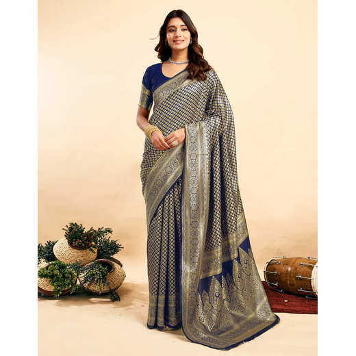 Navy Blue Silk Woven Banarasi Saree