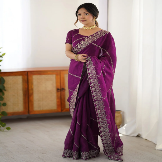 Magenta Tissue Silk Embroidery Saree