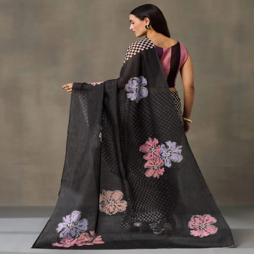 Black Linen Checkered Printed Saree - Image 4