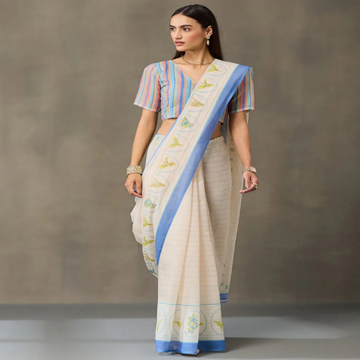 Cream Linen Printed Saree
