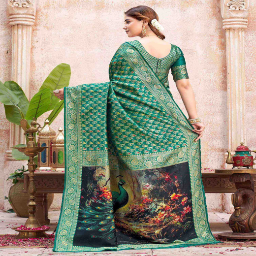 Teal Green Silk Woven Banarasi Saree - Image 4