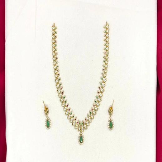 Matte finishing American Diamond with Green Stone Short Necklace - Image 2