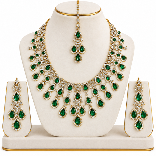 Emerald Green and Cubic Zirconia Bridal Necklace Set with Earrings and Maang Tikka