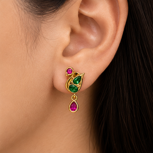 Matte Finish Peacock Design Pink Sone Drop Studs Earring - Image 4