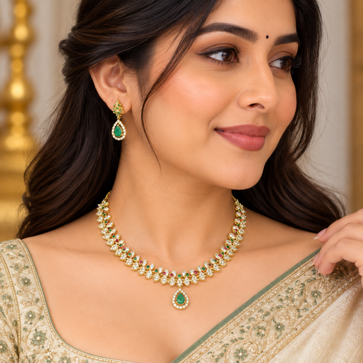Matte finishing American Diamond with Green Stone Short Necklace - Image 4