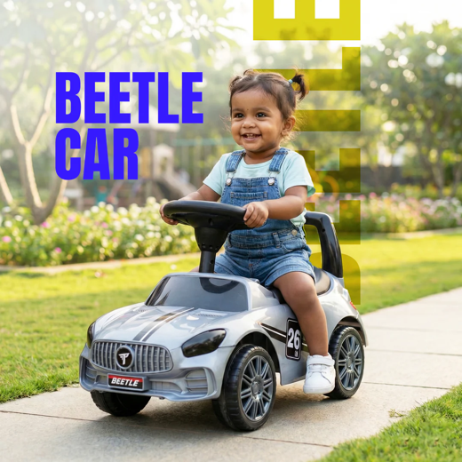FLYI Beetle Ride-On Car for Kids with Steering Wheel & Backrest