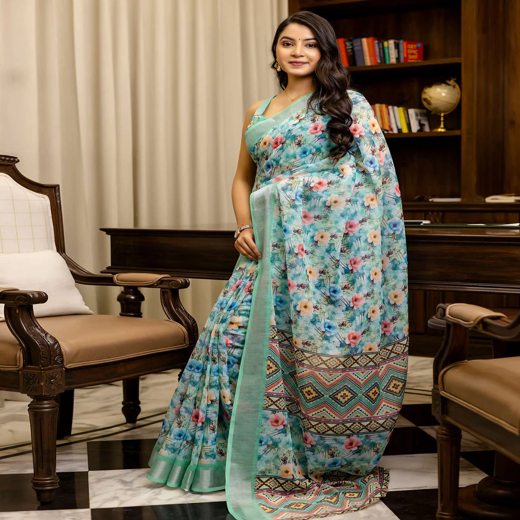 Ready To Wear Teal Green Linen Woven Border Printed Saree