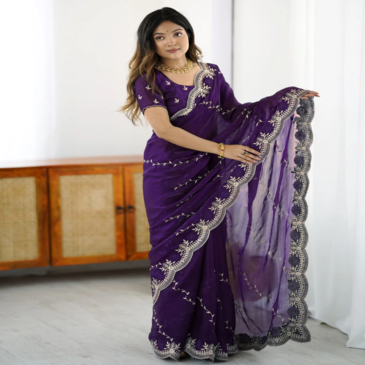 Purple Tissue Silk Embroidery Saree