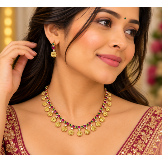 Gold finishing Lord Lakshmi Short Necklace - Image 4