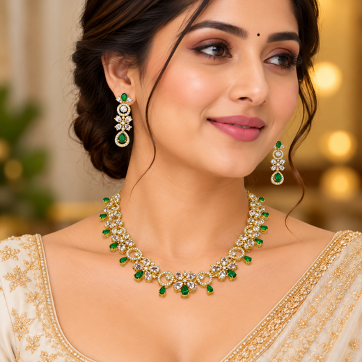 Gold-plated American Diamond Green Stones Short Necklace - Image 4