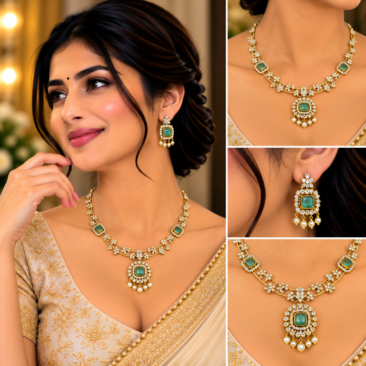 Matte finishing mint-green stones with pearls short Necklace - Image 4