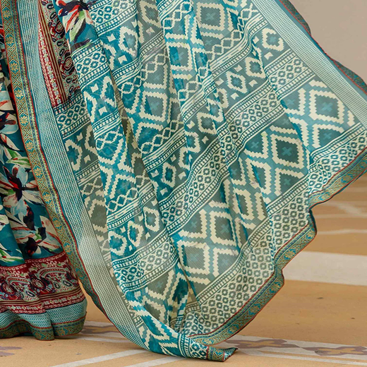 Rama Green Georgette Printed Lace Saree - Image 3