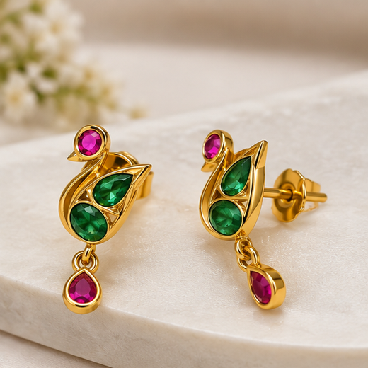 Matte Finish Peacock Design Pink Sone Drop Studs Earring - Image 2