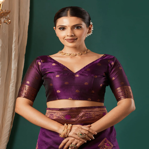 Wine Silk Woven Banarasi Saree - Image 2