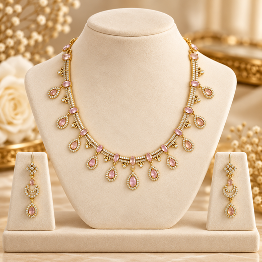 Matte finishing with Baby-Pink stone's Short Necklace - Image 3