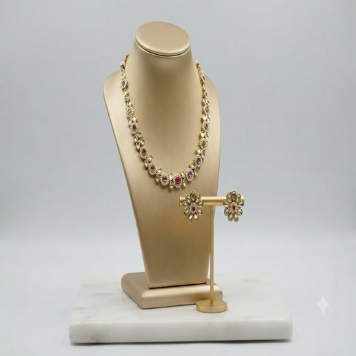 Matte finishing American Diamonds with pink stones Short Necklace