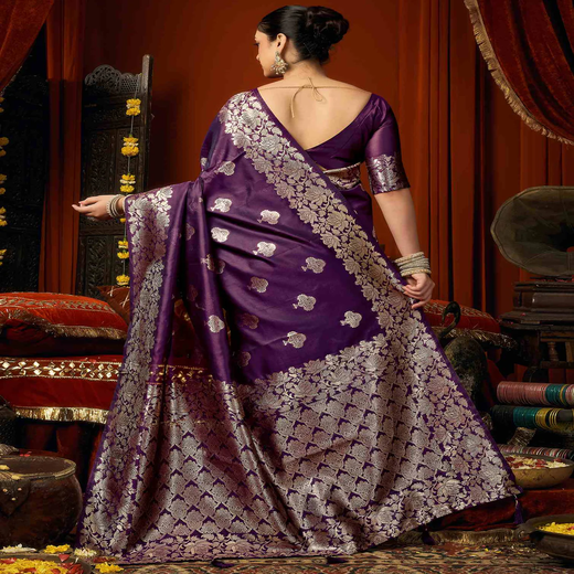 Dark Purple Silk Woven Banarasi Saree - Image 4