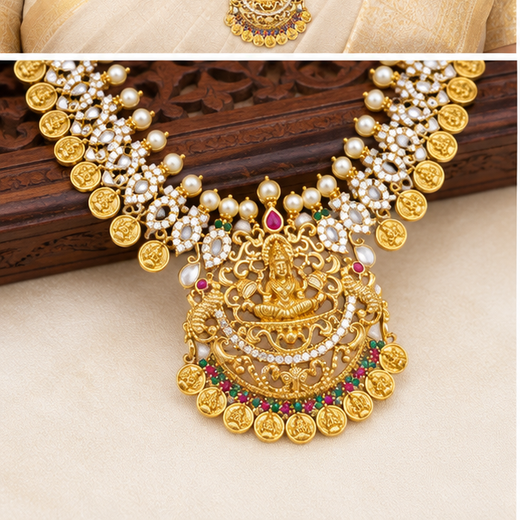Matte finishing lord Lakshmi leaf with Ad stones Long Haram - Image 3