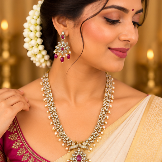 Matte finishing American Diamonds peacock design Long Haram Necklace - Image 2