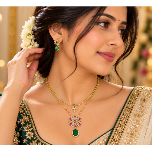 Matte finishing Flower design with Green Short Necklace - Image 4
