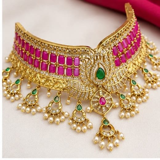 Matte finishing pink stones beautiful design with pearls Choker - Image 2