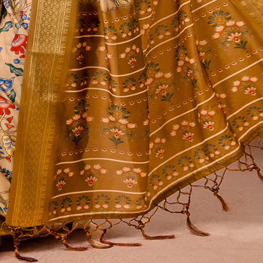 Dark Beige Silk Kalamkari Printed Woven Border Saree - Image 3