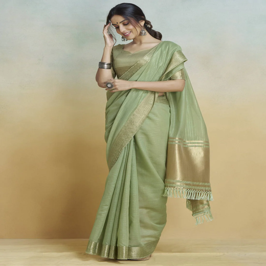Light Green Cotton Woven Zari Stripe Saree - Image 4