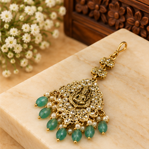 Matte Finishing White Stones With Mint Green Beads Maang Tikka - Image 2