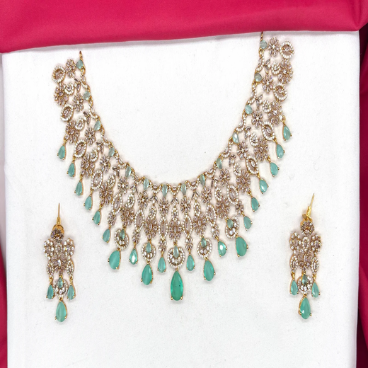Premium matte finish American Diamonds flower design with Mint-Green Stones Short Necklace - Image 2