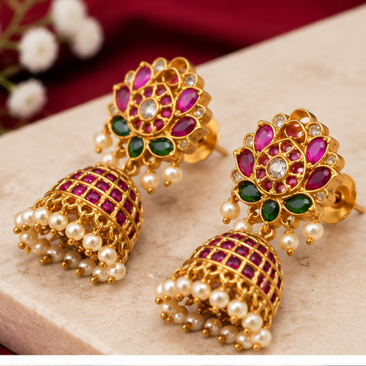Matte Finishing Floral Design With White Pearls Jhumkas Earring - Image 2
