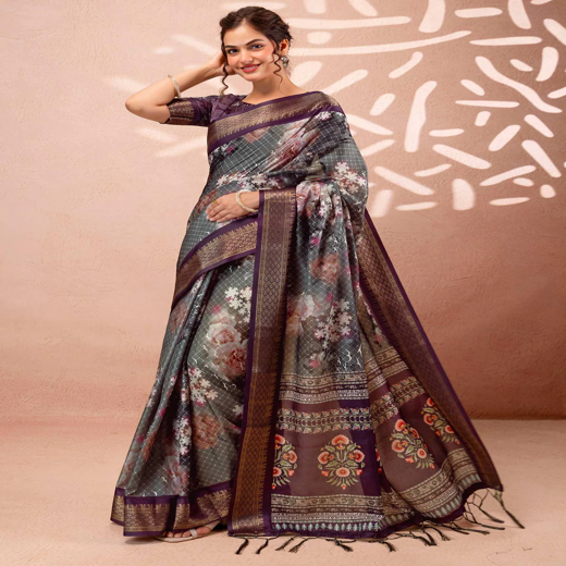 Dark Grey Silk Printed Woven Border Saree
