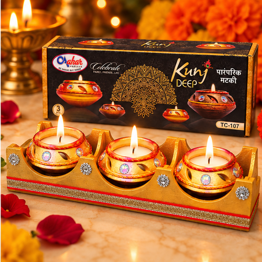 3pc Kunj Deep Mutki Decorated Diya With Decorated Wooden Tray Gift Pack (Box Size: 12.5*4.5 Inch) (TC-107) 🕯️🎁