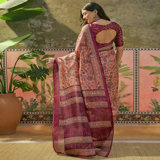 Dark Peach Khadi Printed Saree - Image 4