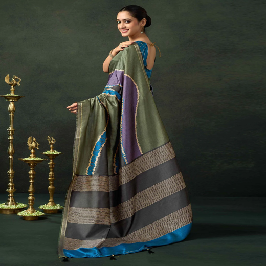 Olive Green Silk Printed Saree - Image 4