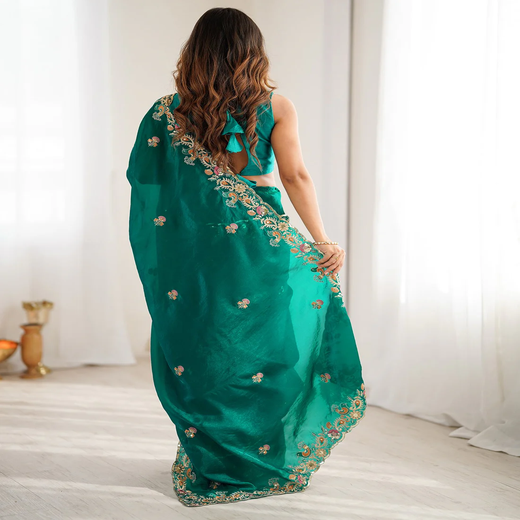 Teal Green Silk Embroidery Saree - Image 4