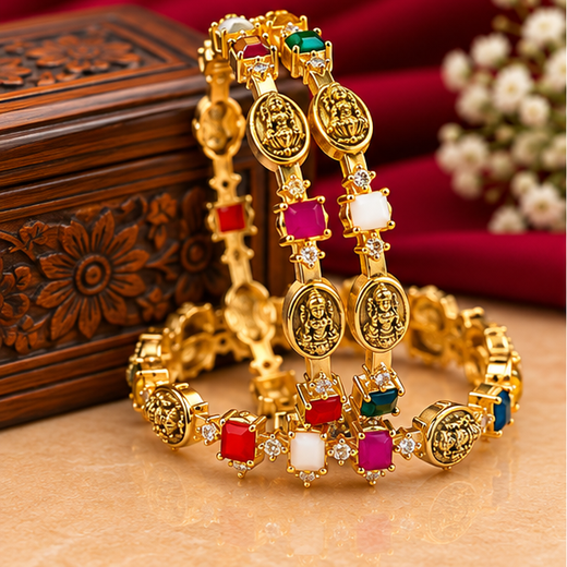 Matte Finishing Lakshmi Navaratna Block Stone Bangle Colored CZ Stones - Image 3