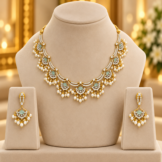 Matte finishing American Diamonds with Mint-Green stones and Guttapusalu Short Necklace