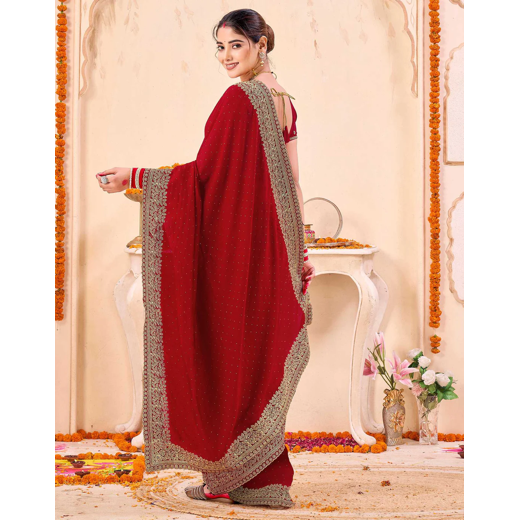 Red Silk Embroidery Embellished Saree - Image 4