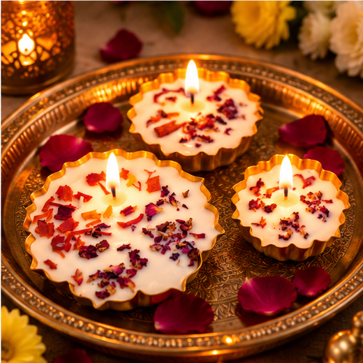 3 Piece Lotus Urli Candle With Flowers & Spices Decoration Gift Set 🪷 🕯️ - Image 4