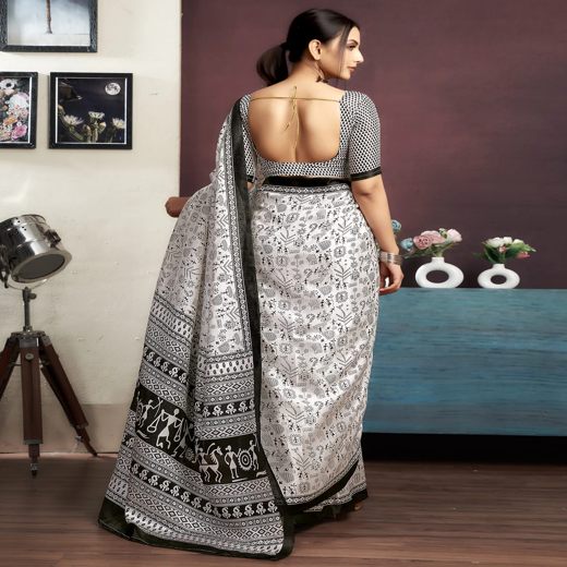 White Cotton Blend Printed Saree - Image 4