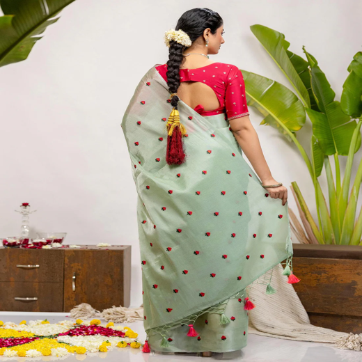 Mint Green Cotton Silk Embroidery Saree - Image 4